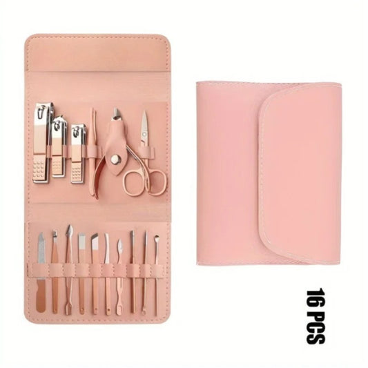 16pcs Professional Manicure & Pedicure Set – Nail Clippers, Cuticle Nippers & Grooming Tools with Travel Case (Random color)