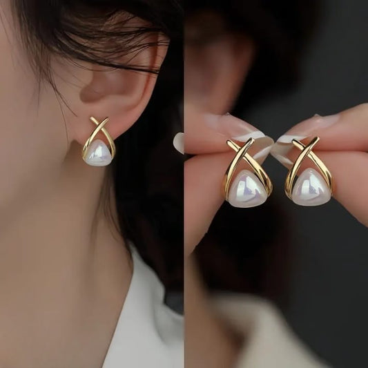 Trendy Korean Cross Pearl Earrings